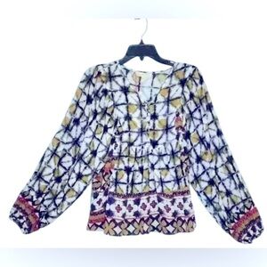 NWT- Solitaire Boho Women's Gold and Blue Patterned Blouse